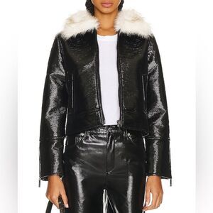 Unreal Fur Womens Black Wet Look Aviator Jacket Faux Leather Faux Fur Size Large